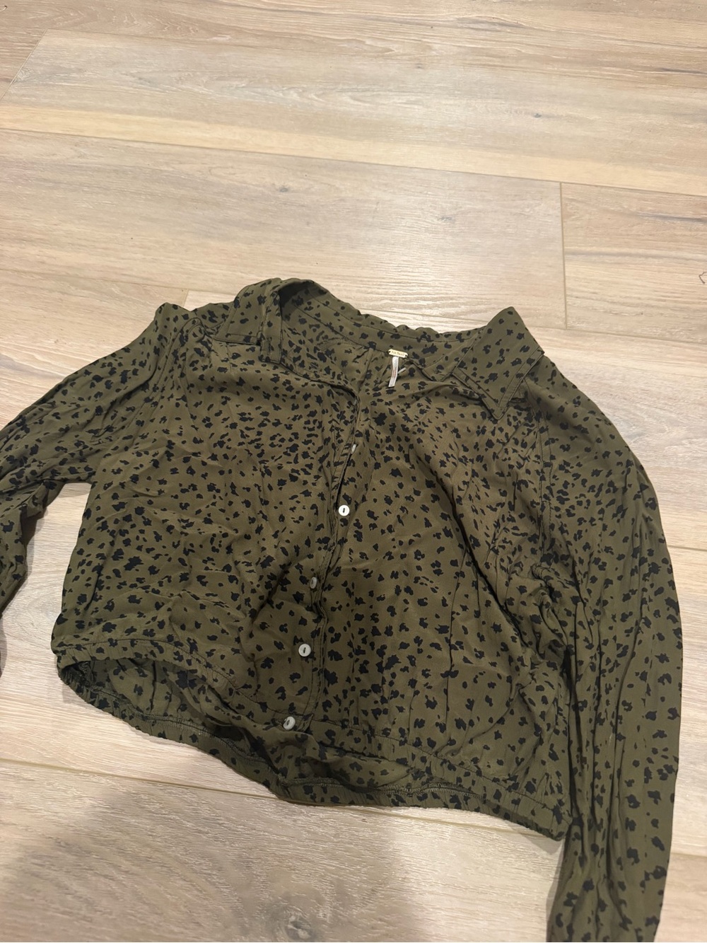 Free People Olive Green Printed Button-Down Women’s Top